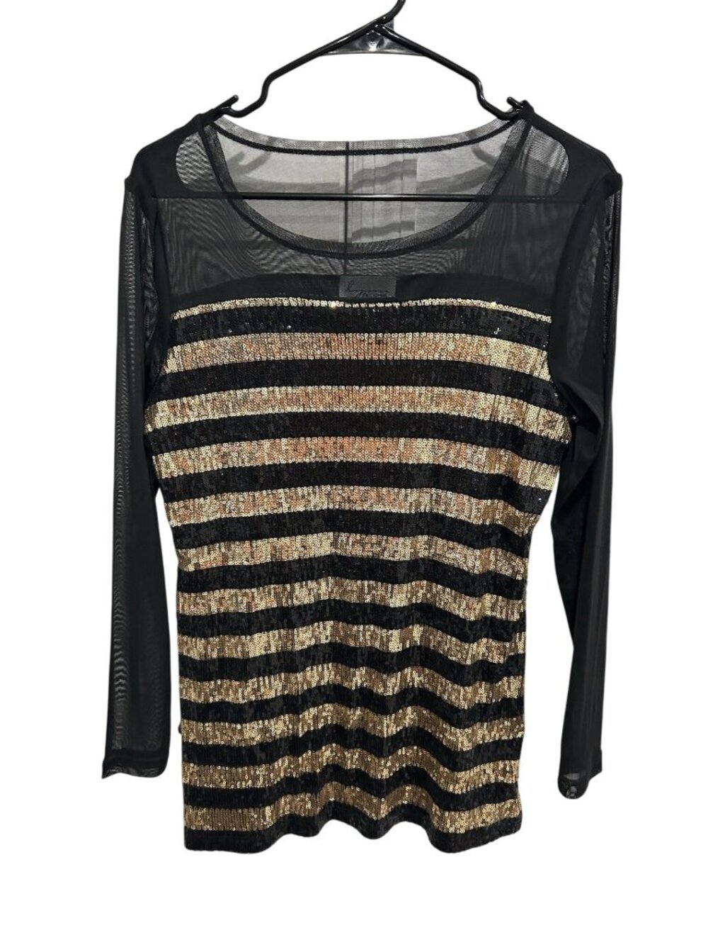 Lynn Ritchie Silver Medium Black Gold Sequin Mesh Sleeve Striped Top Nightcore
